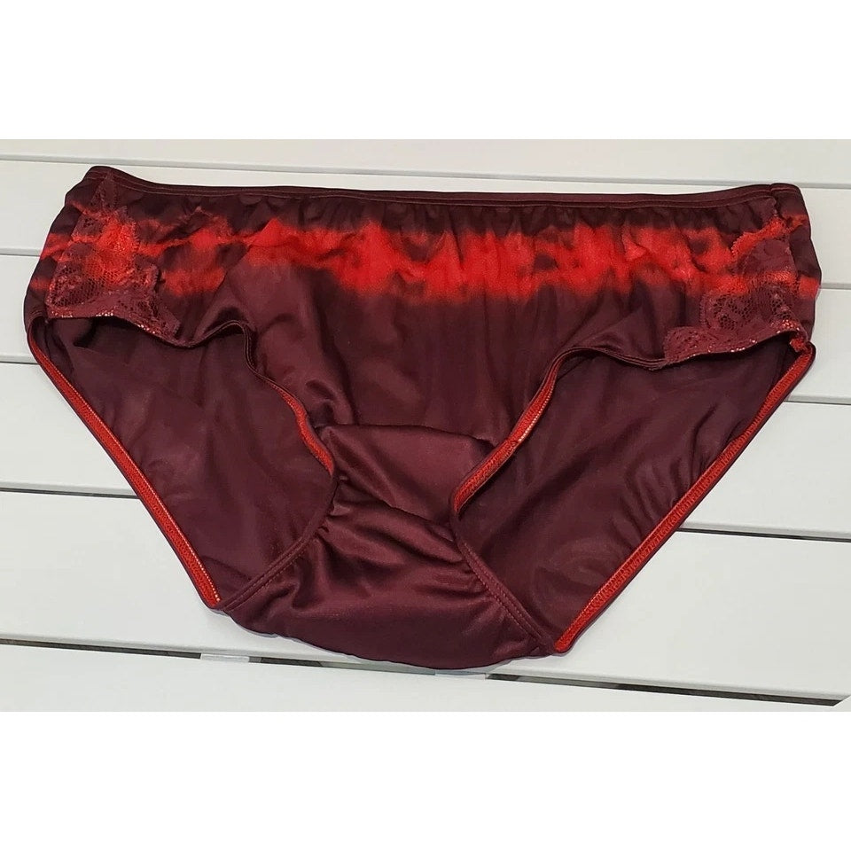 Shadowline 11182 Lace Insets Bikini Panty Shiny Nylon Rainbow Crimson Red 8/XL