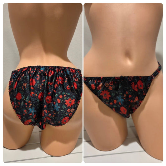 Liquid Satin String Bikini Panty Shiny Double Silk Gusset Floral Print Red Black Star Vintage And More LLC