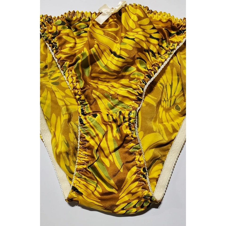 Liquid Satin String Bikini Panty Shiny Double Silk Gusset Sunshine Yellow Print