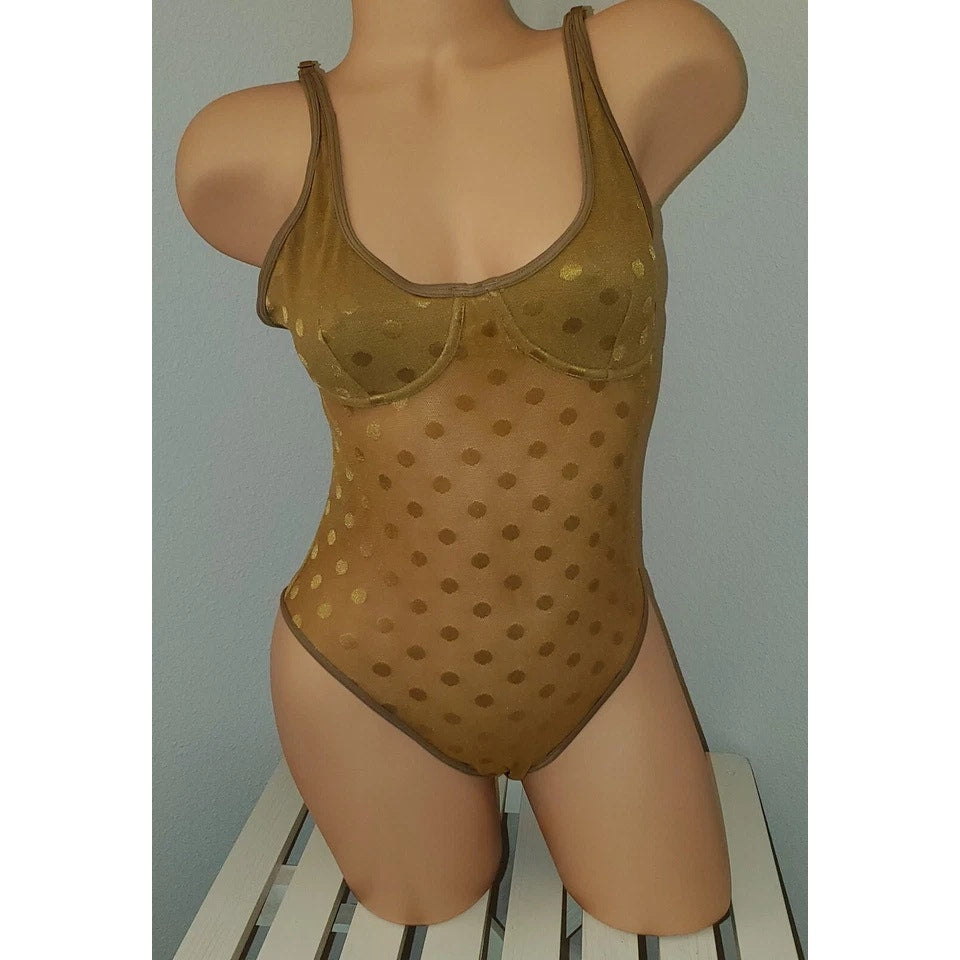 Victoria's Secret PINK Bodysuit Lingerie Polka Dot Snap Gusset Gold Shimmer 6/M