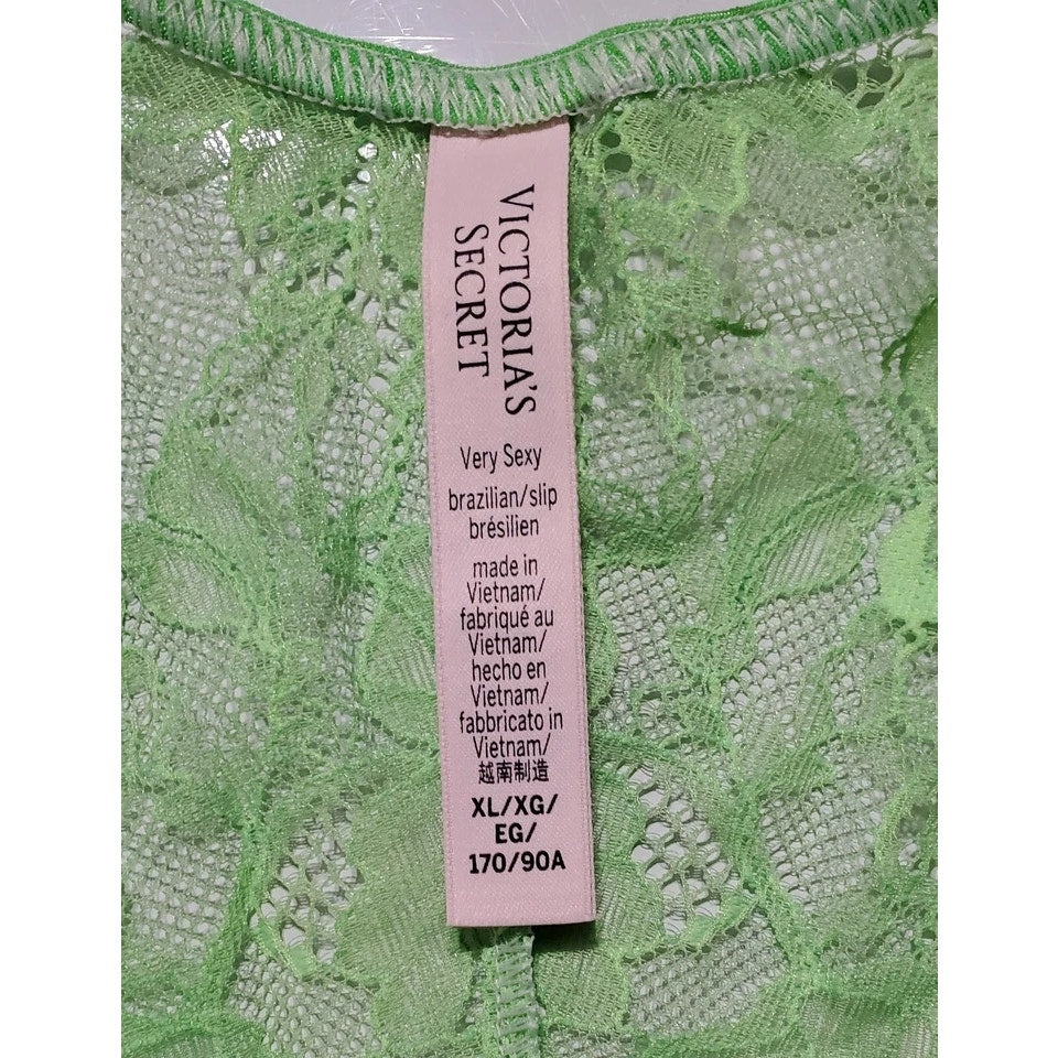 Victoria's Secret Double Shine Strap Brazilian Panty Sheer All Lace Green Citron
