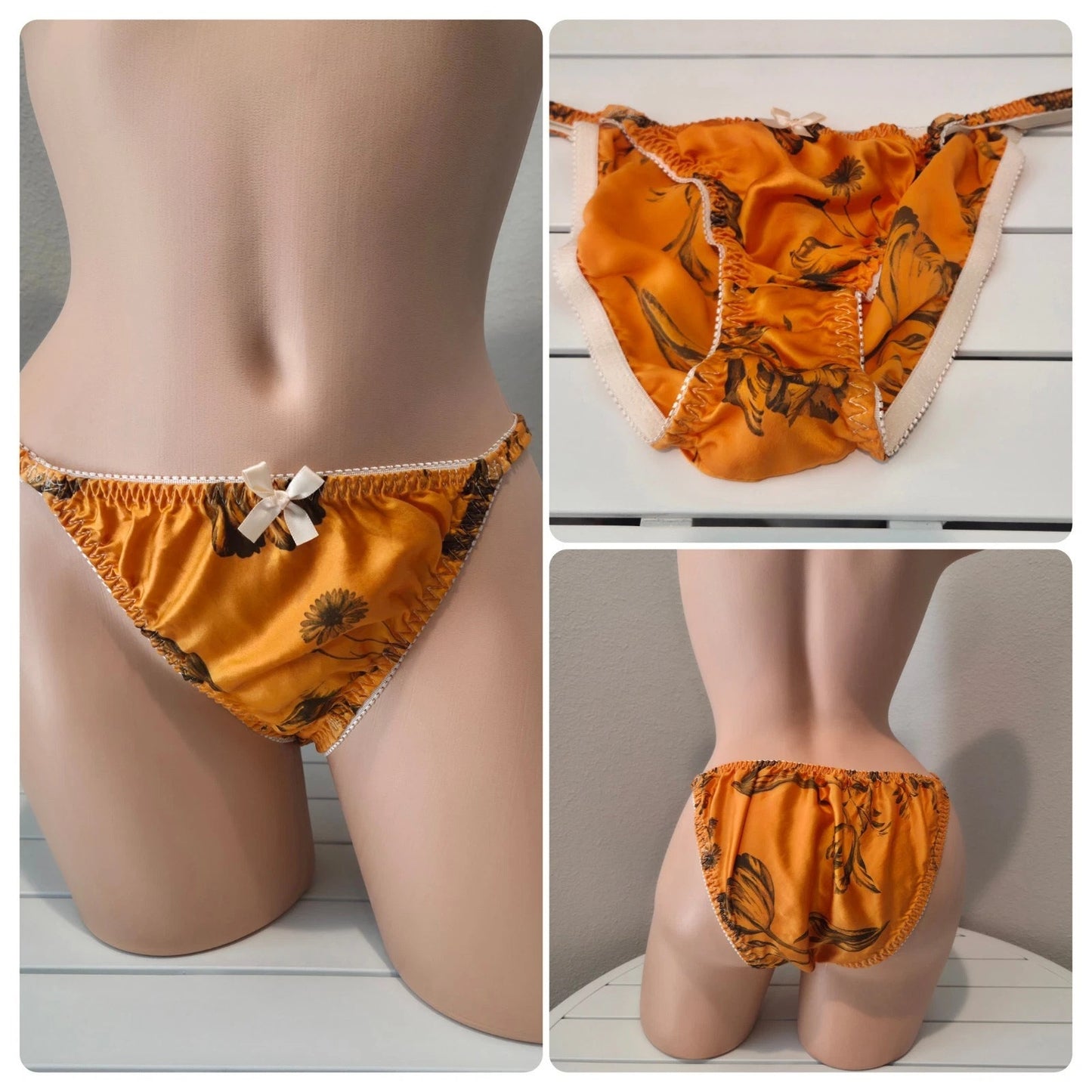 Liquid Satin String Bikini Panty Shiny Double Silk Solar Orange Floral Print