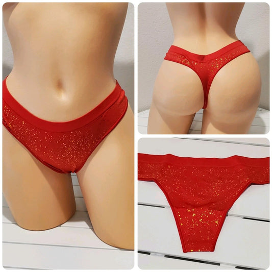 Ambrielle Thong Panty Satin Stretch Shiny Nylon Spandex Gold Sparkle Print Star Vintage And More LLC