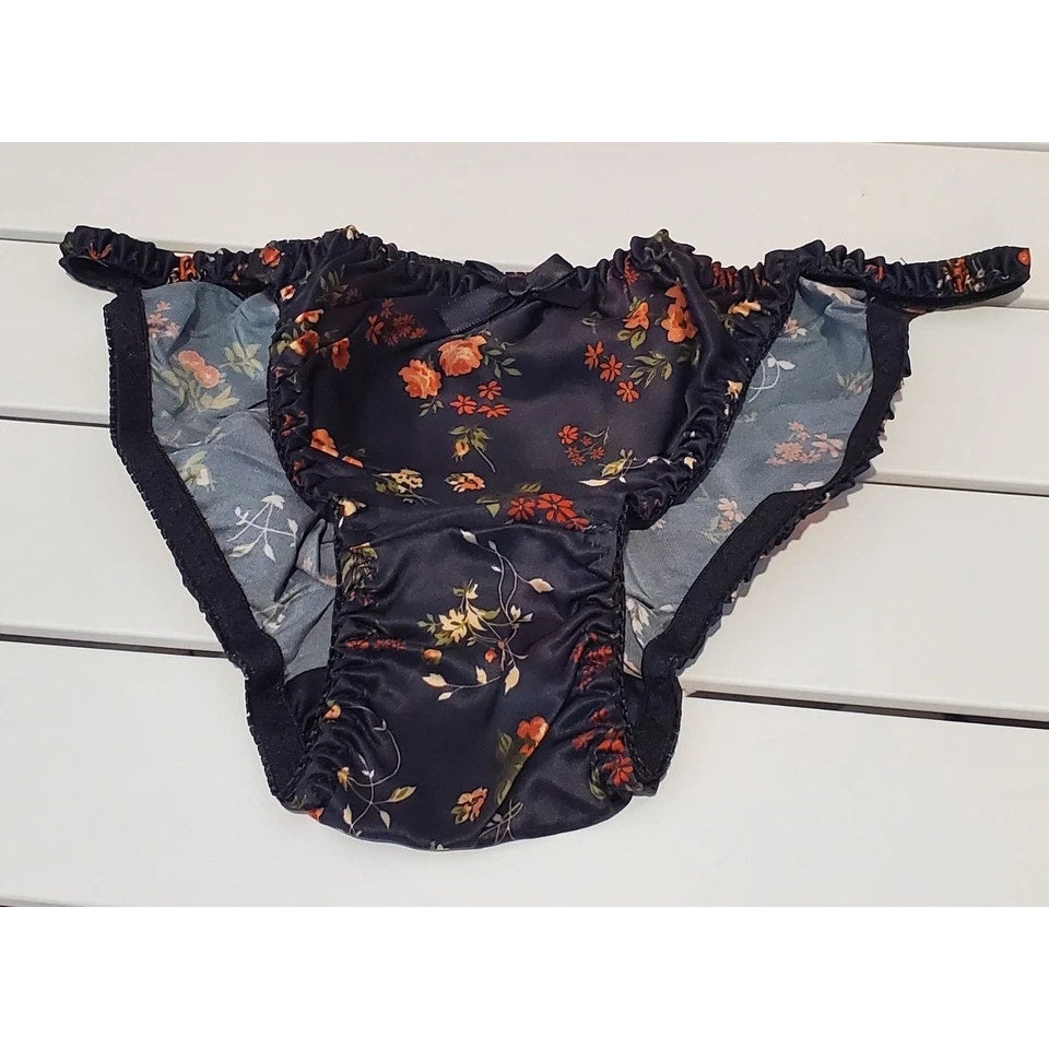Liquid Satin String Bikini Panty Double Silk Gusset Black Little Floral Print 6
