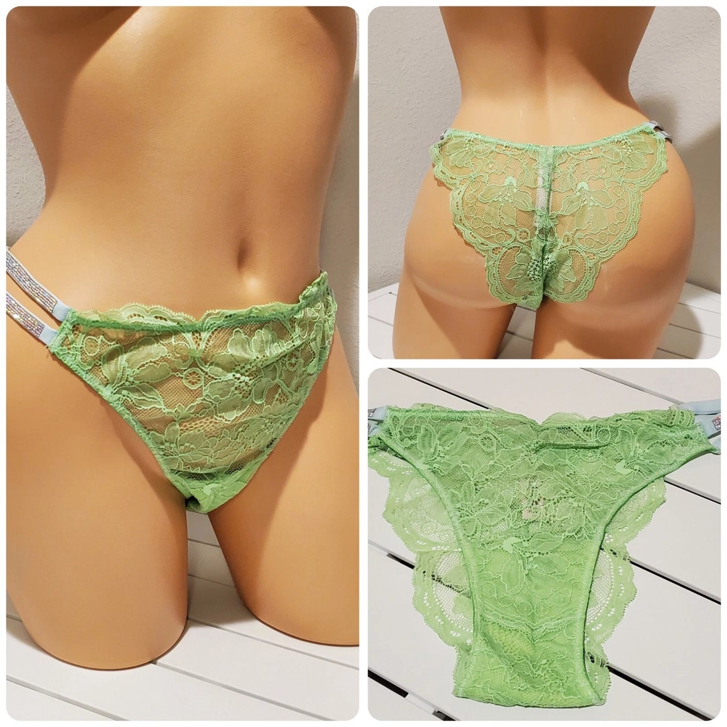 Victoria's Secret Double Shine Strap Brazilian Panty Sheer All Lace Green Citron