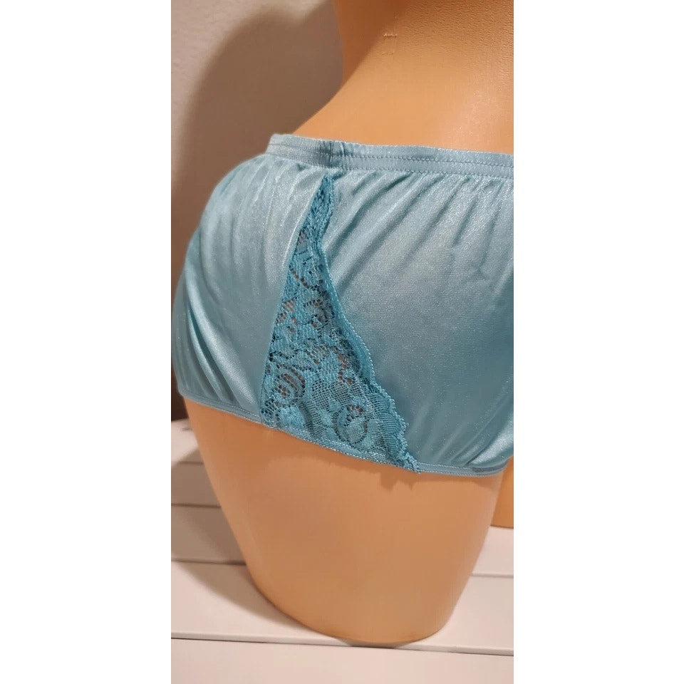 Shadowline 11182 Lace Insets Bikini Panty Shiny Nylon Full Cut Capri Blue 10/3XL