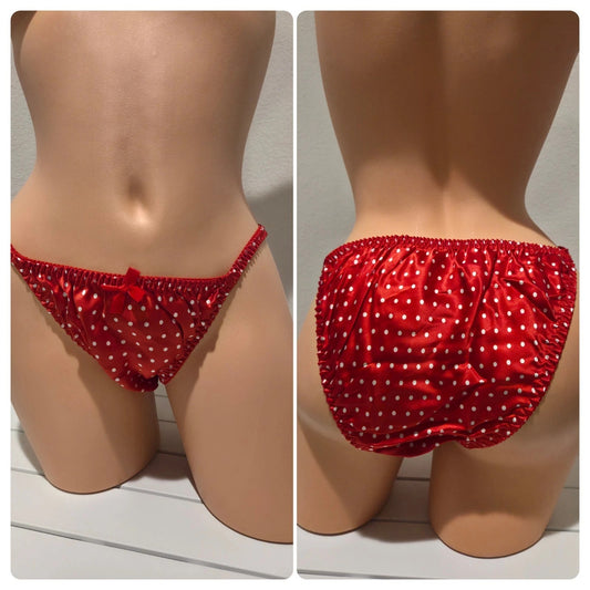 Liquid Satin String Bikini Panty Shiny Double Silk Polka Dot Print Red White - Star Vintage & More Star Vintage And More LLC