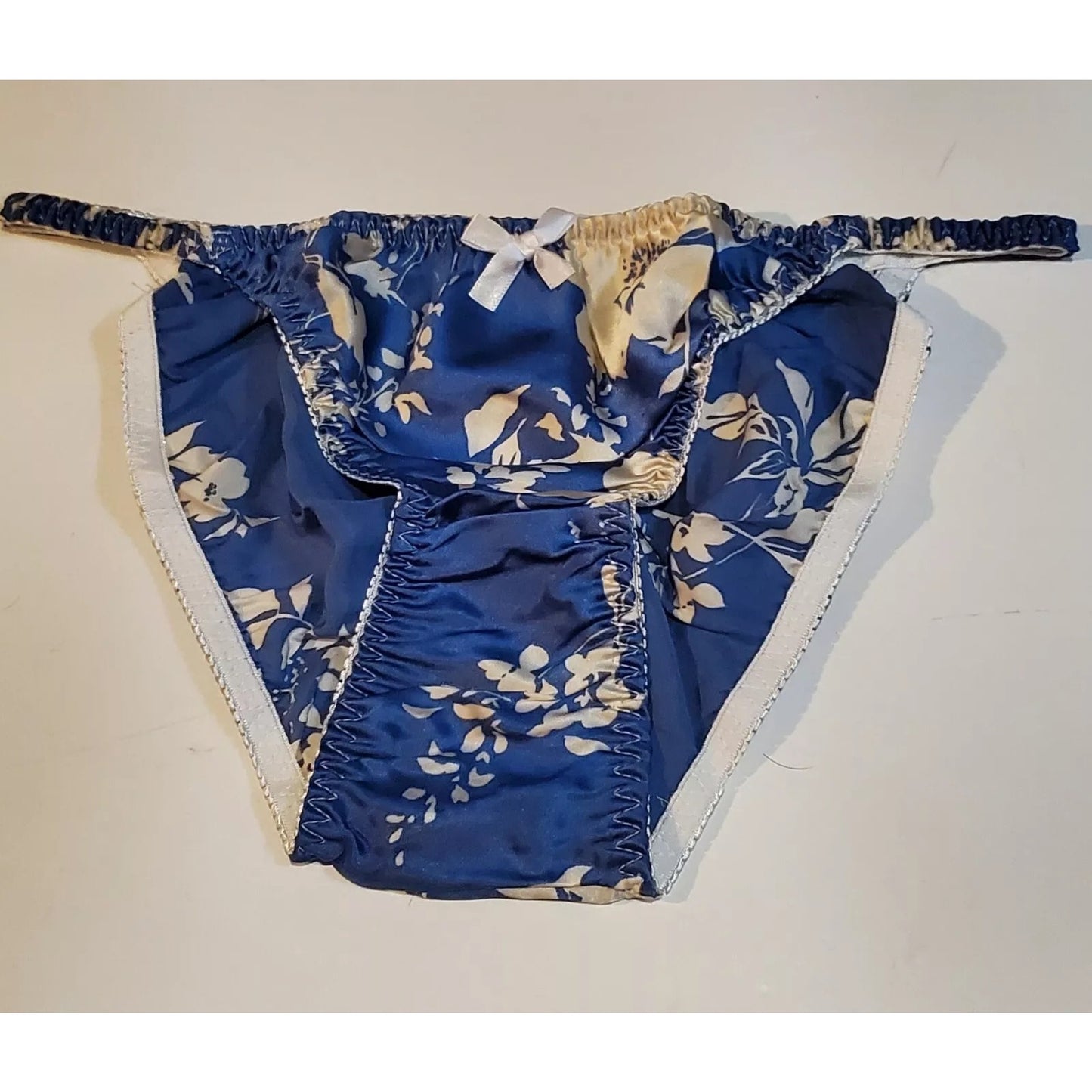 Liquid Satin String Bikini Panty Double Silk Floral Print Cream Ivory Azure