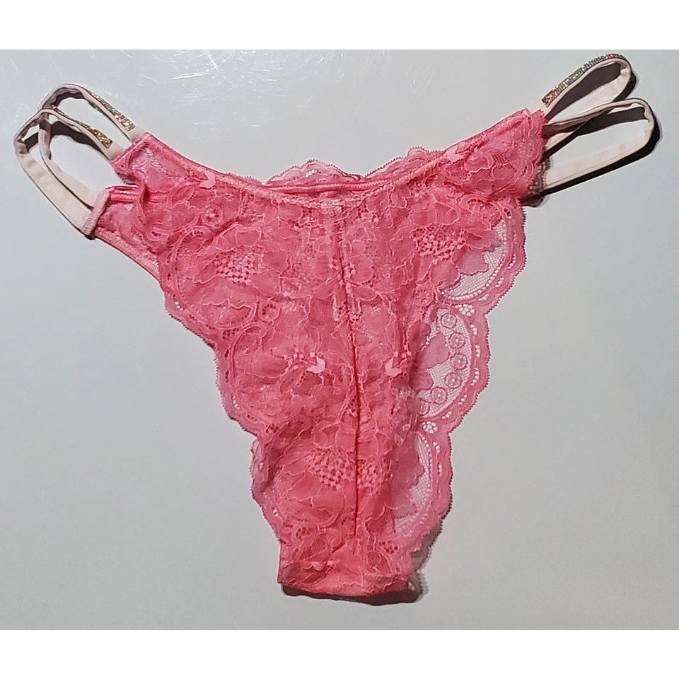 Victoria's Secret Double Shine Strap Brazilian Panty All Lace Princess Pink 9
