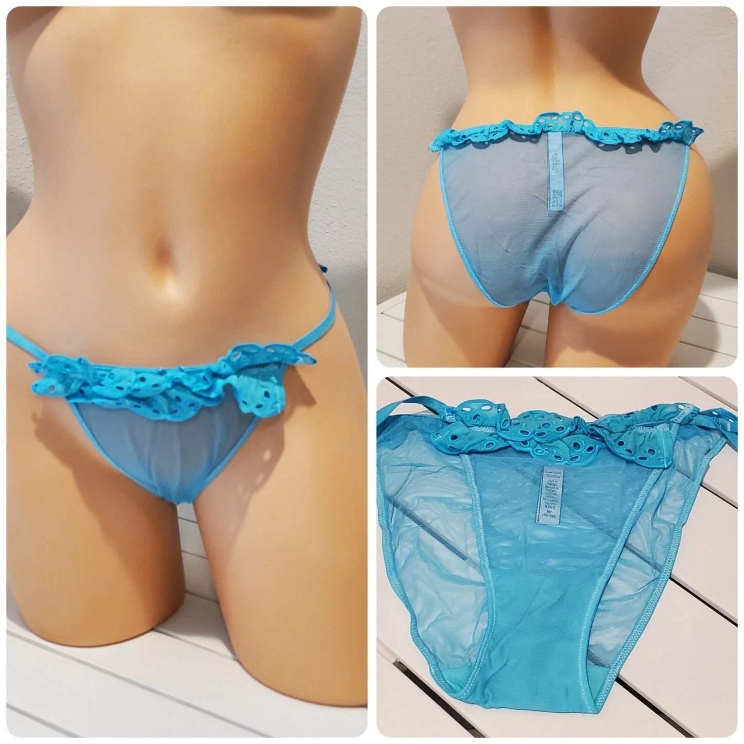 Victoria's Secret Dream Angels String Bikini Panty Semi Sheer Ruffle Blue Cyan 7