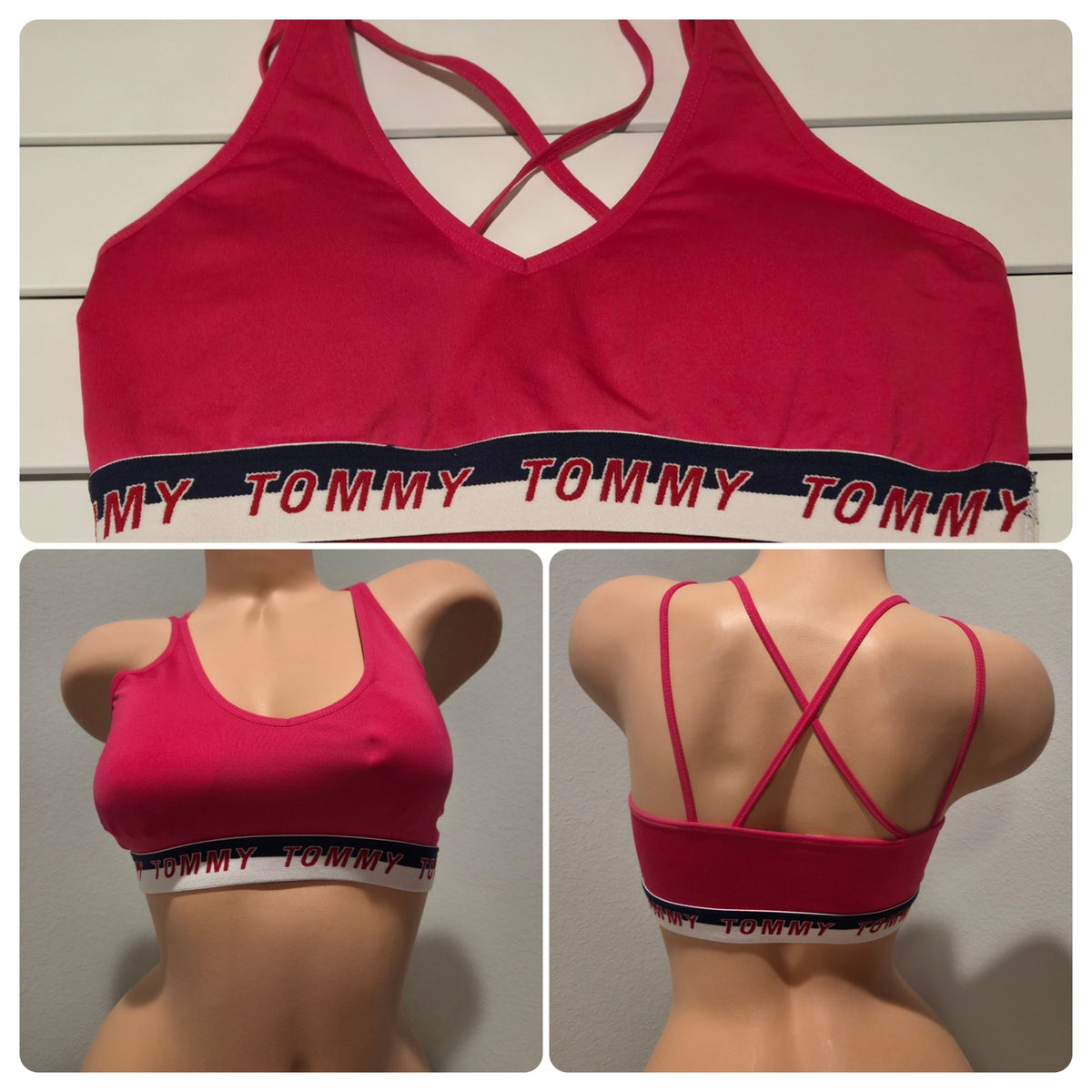 Tommy Hilfiger Sports Bra Racerback Strappy Back Logo Band Neon Pink Size S