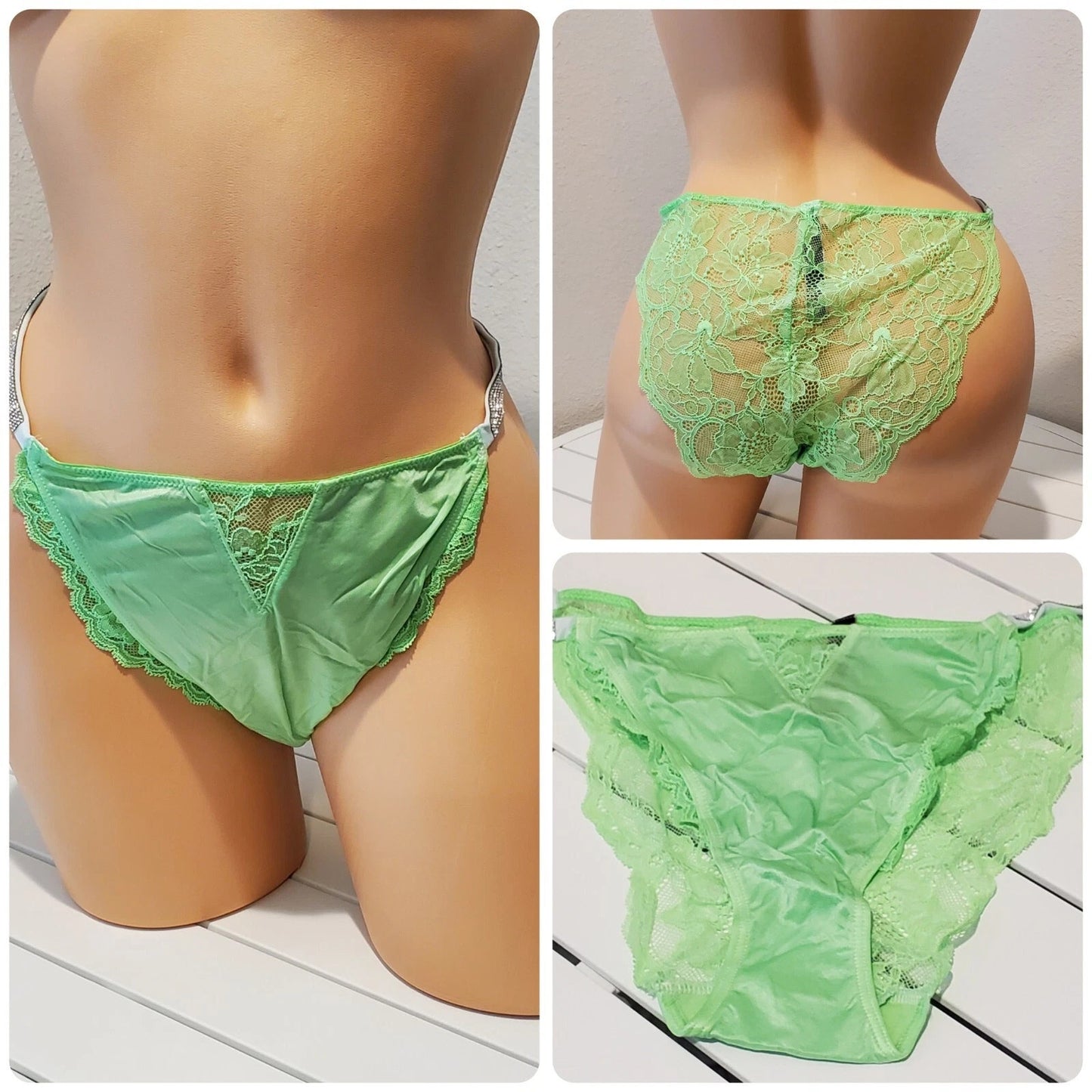 Victoria's Secret Shine Strap Cheeky Panty All Lace Back Shiny Green Citron 9