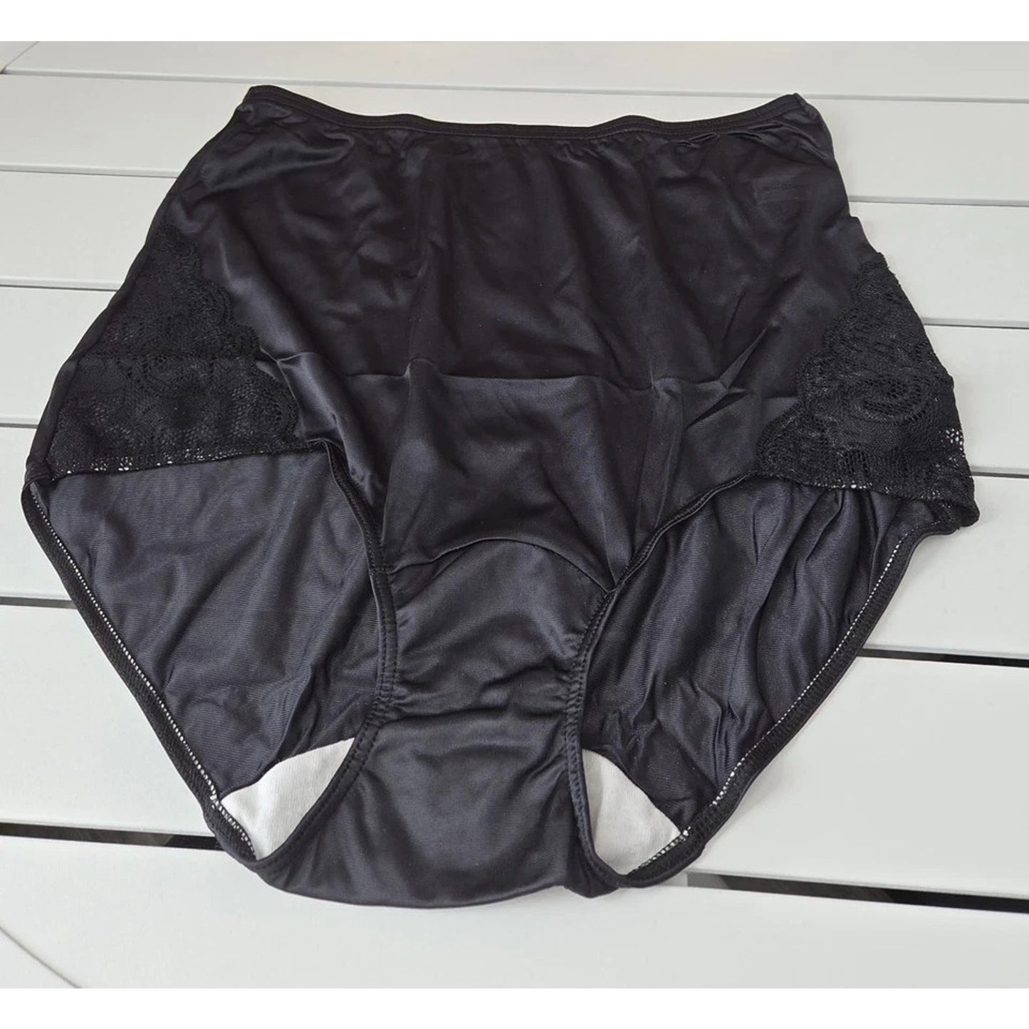 Shadowline 17082 Full Cut Brief Shiny Nylon Lace Full Coverage Panty Black