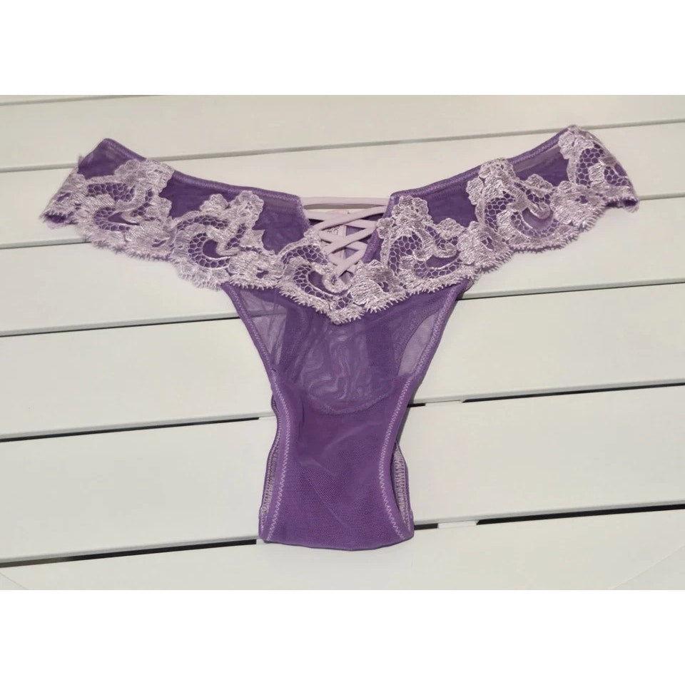 Victoria's Secret Brazilian Panty Floral Lace Embroidered Sheer Plasma Purple 7/L