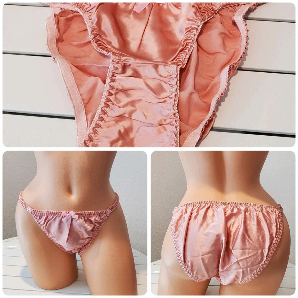 Liquid Satin String Bikini Panty Shiny Double Silk Gusset Pink Rose