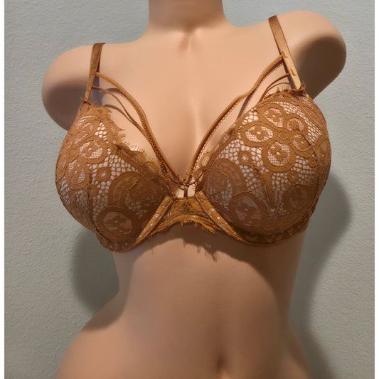 Victoria's Secret Very Sexy Push Up Bra 36C Gold Sheer Lace Logo Band Strappy Star Vintage And More LLC