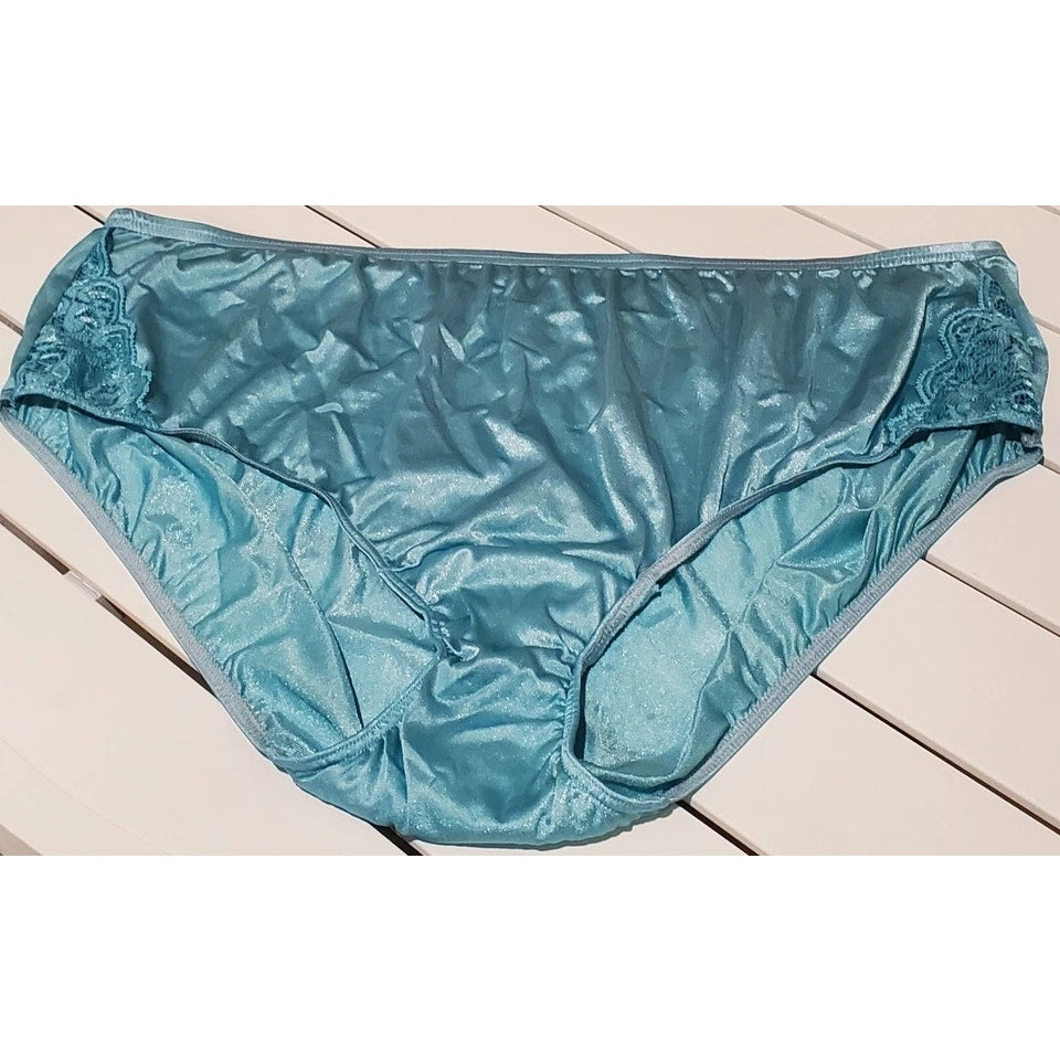 Shadowline 11182 Lace Insets Bikini Panty Shiny Nylon Full Cut Capri Blue 10/3XL