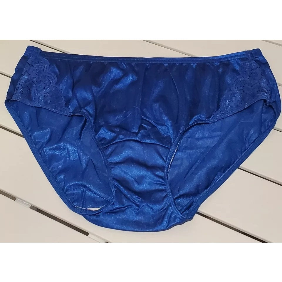 Shadowline 11182 Lace Insets Bikini Panty Shiny Nylon Full Cut Silky Blue