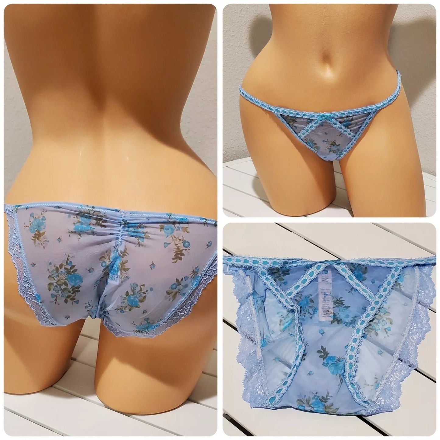 Victoria's Secret Dream Angels Bikini Panty Semi Sheer Floral Print Blue Eyes