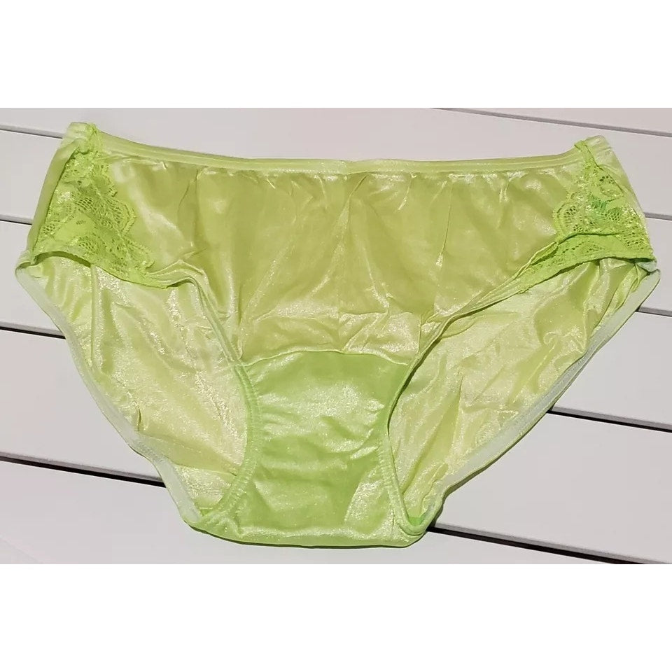 Shadowline 11182 Lace Insets Bikini Panty Shiny Nylon Full Cut Citron Green