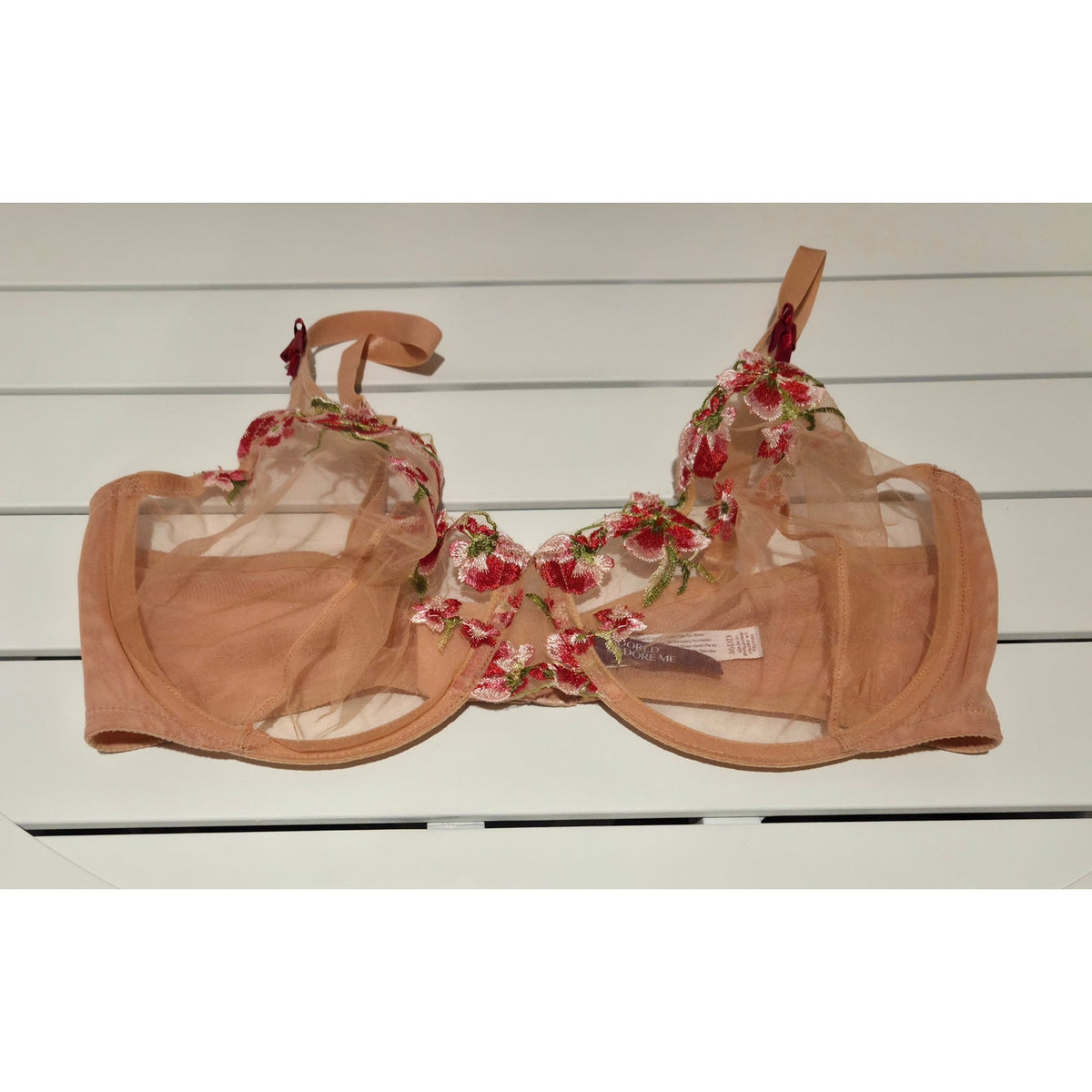 Adored by Adore Me Bra 36DD Peach Pink Sheer Floral Lace Unlined Underwire