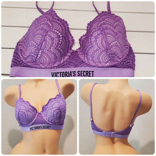 Victoria's Secret Vintage Crochet Lace Demi T Shirt Bra Lightly Lined Purple 32D Star Vintage And More LLC