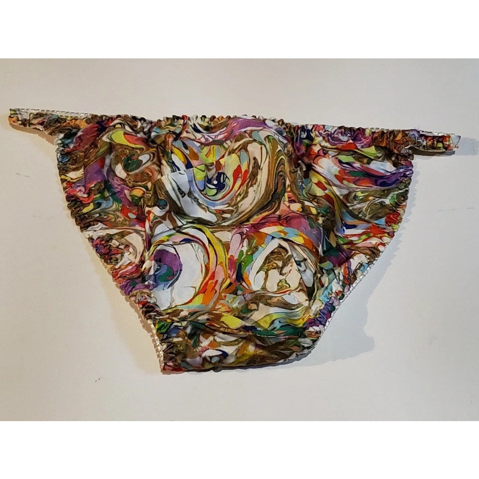 Liquid Satin String Bikini Panty Shiny Double Silk Gusset Rainbow Marble Print