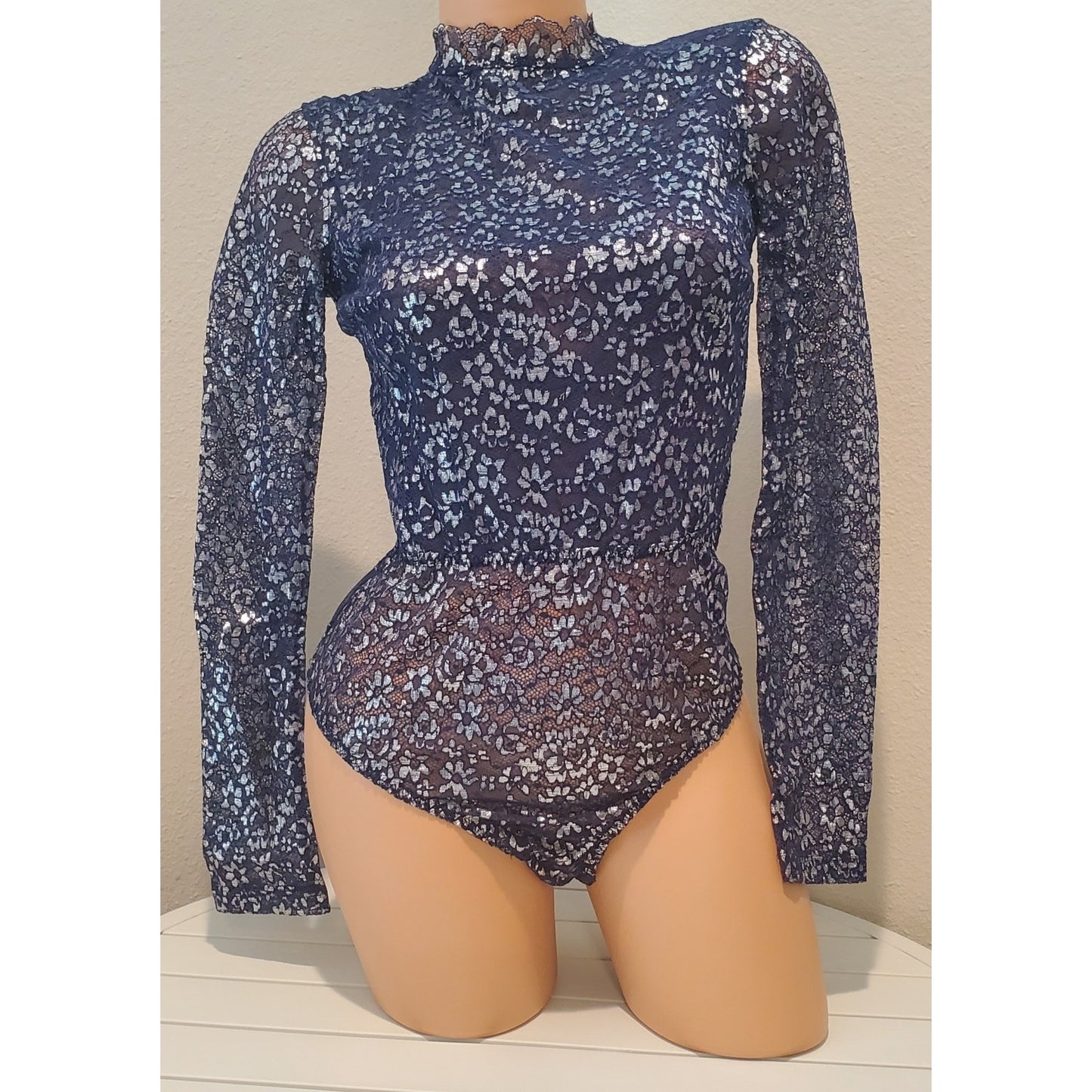 Victoria's Secret Vintage Shiny Teddy Bodysuit Snap Gusset Blue Silver 6/M