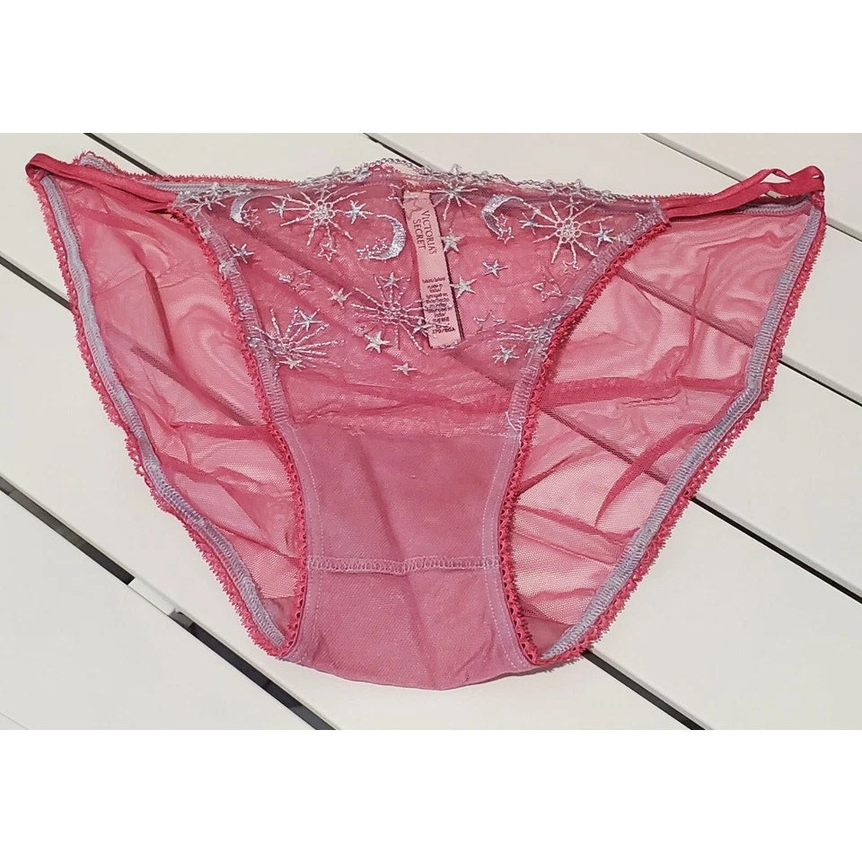 Victoria's Secret Dream Angels String Bikini Panty Moon Stars Sheer Pink Gumdrop
