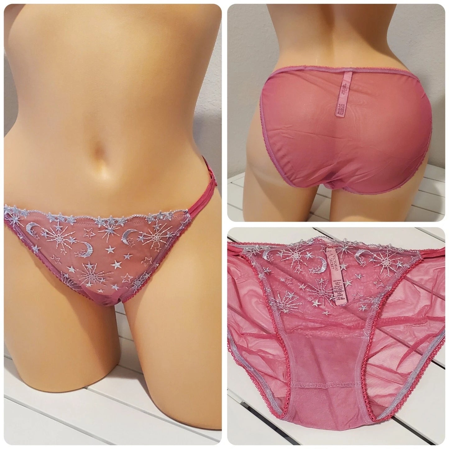 Victoria's Secret Dream Angels String Bikini Panty Moon Stars Sheer Pink Gumdrop