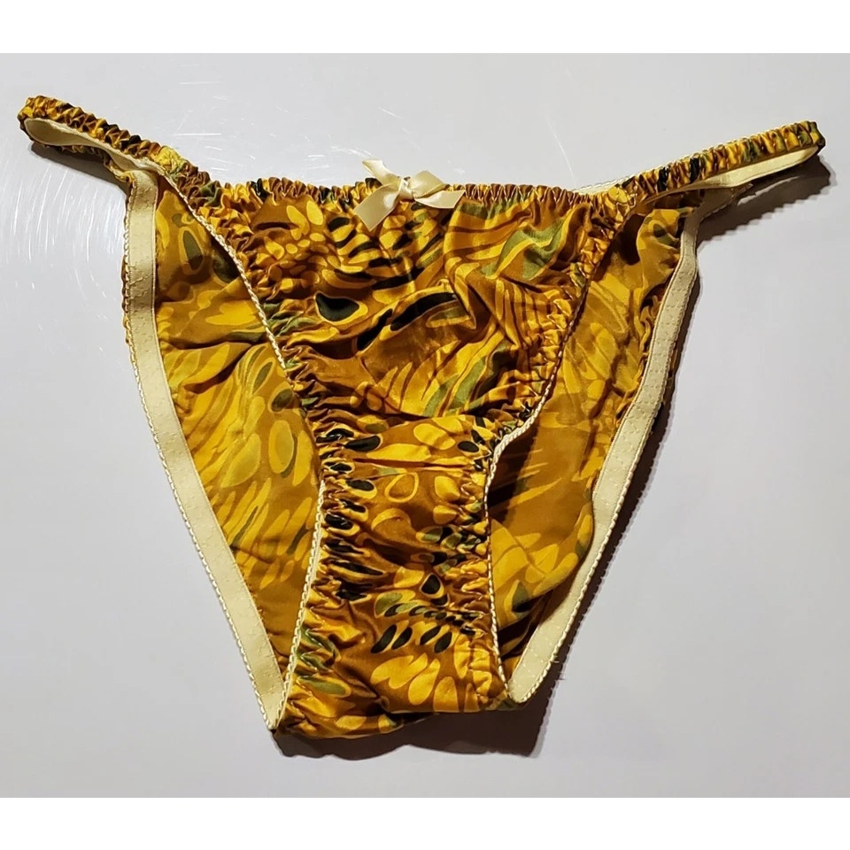 Liquid Satin String Bikini Panty Shiny Double Silk Gusset Tulip Yellow Print 7/L