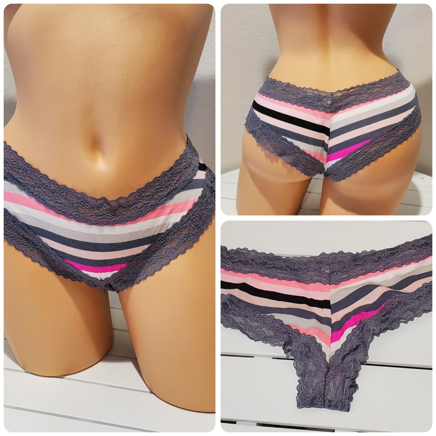 Victoria's Secret Cotton Cheeky Panty Lace Trim Multicolor Stripes 7/L