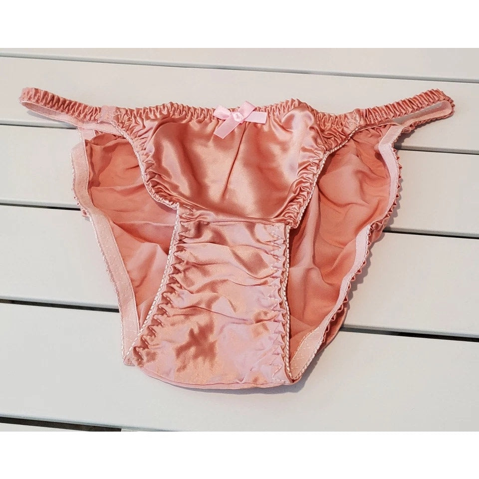 Liquid Satin String Bikini Panty Shiny Double Silk Gusset Pink Rose