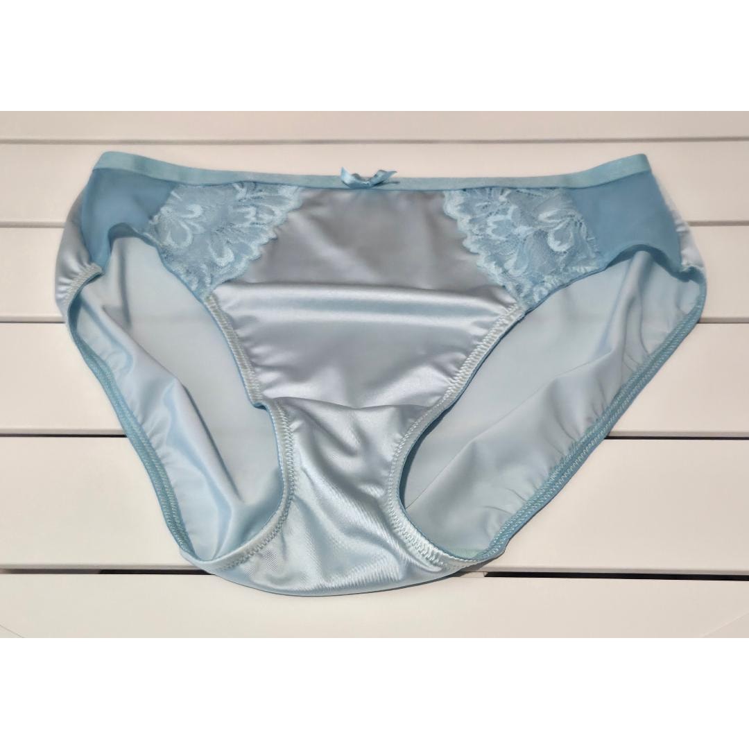 Ambrielle Tulip Lace High Cut Panty Shiny Satin Stretch Floral Lace Baby Blue