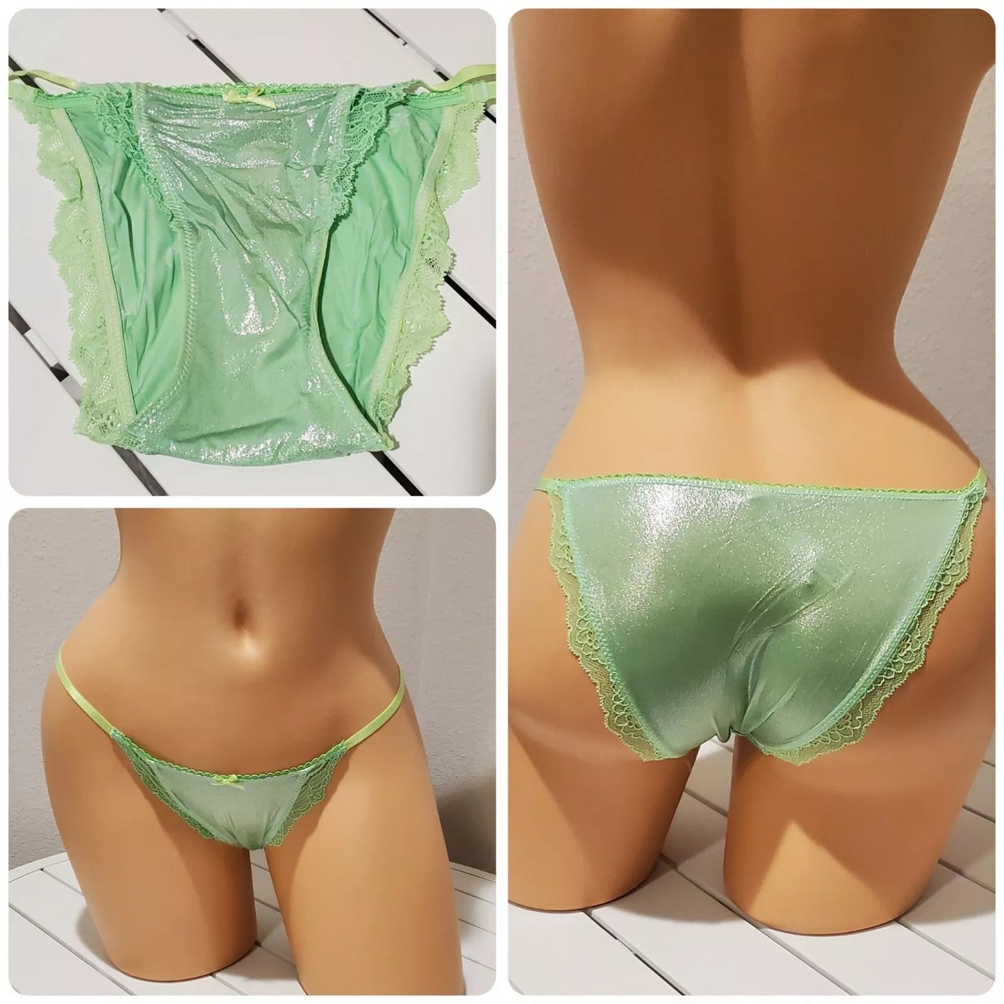Victoria's Secret Dream Angels String Bikini Panty Shiny Lace Poison Apple Green
