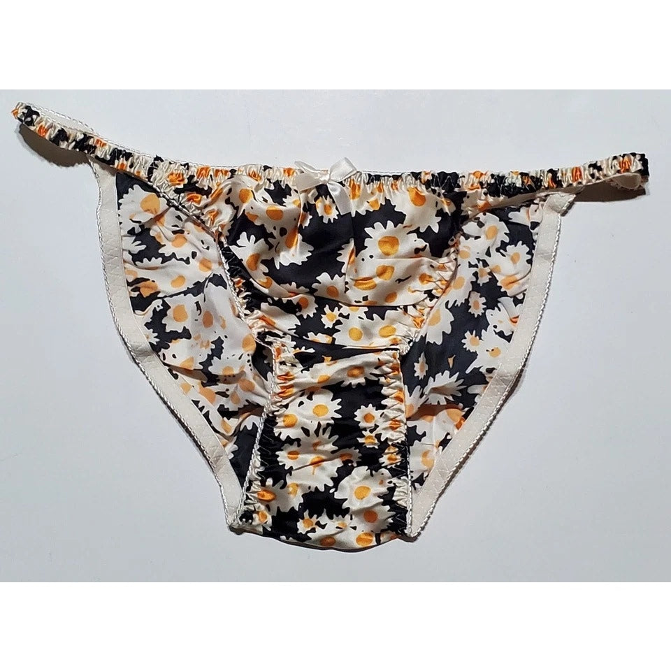 Liquid Satin String Bikini Panty Shiny Double Silk Floral Print Yellow Daisy