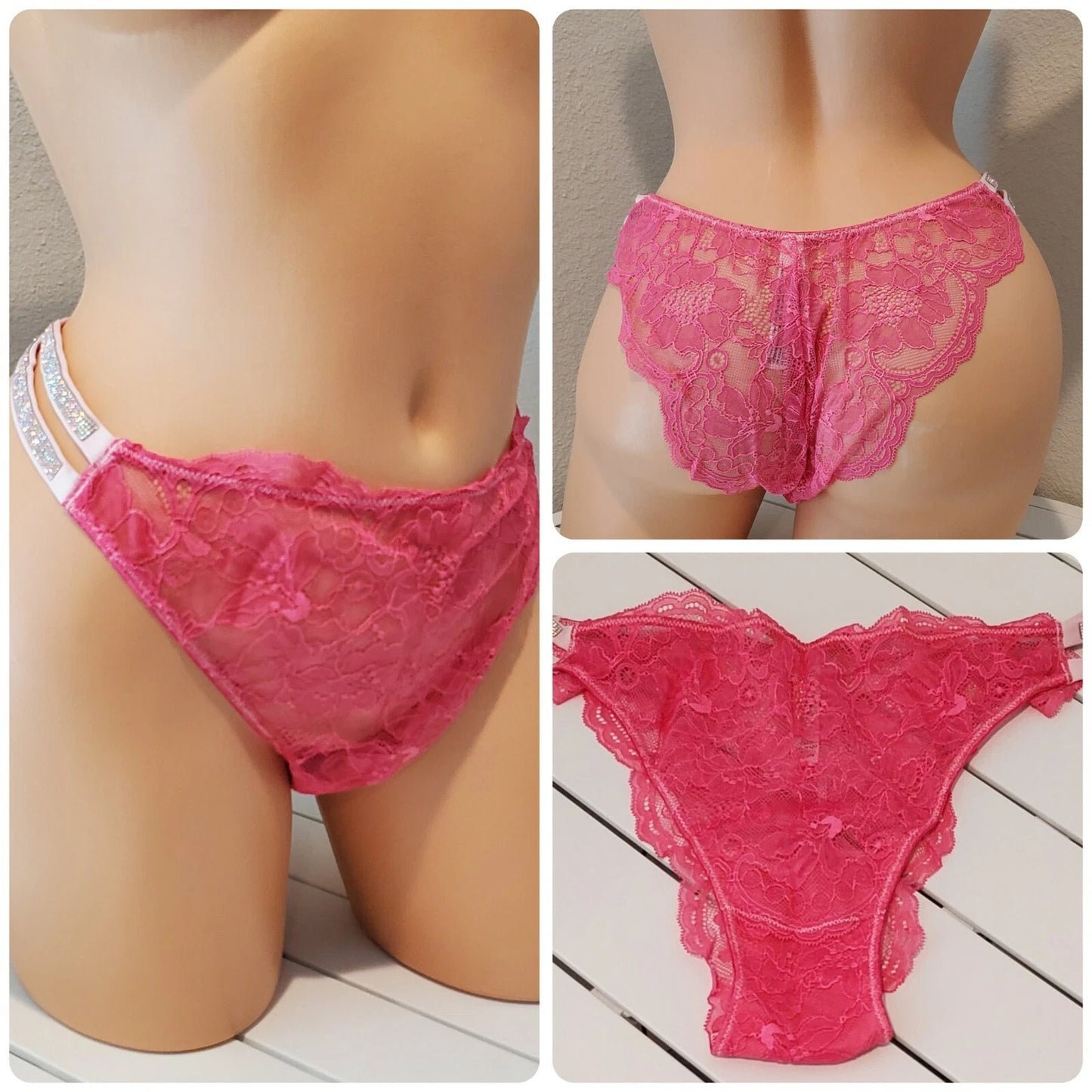 Victoria's Secret Double Shine Strap Brazilian Panty All Lace Fire Pink 9/2XL