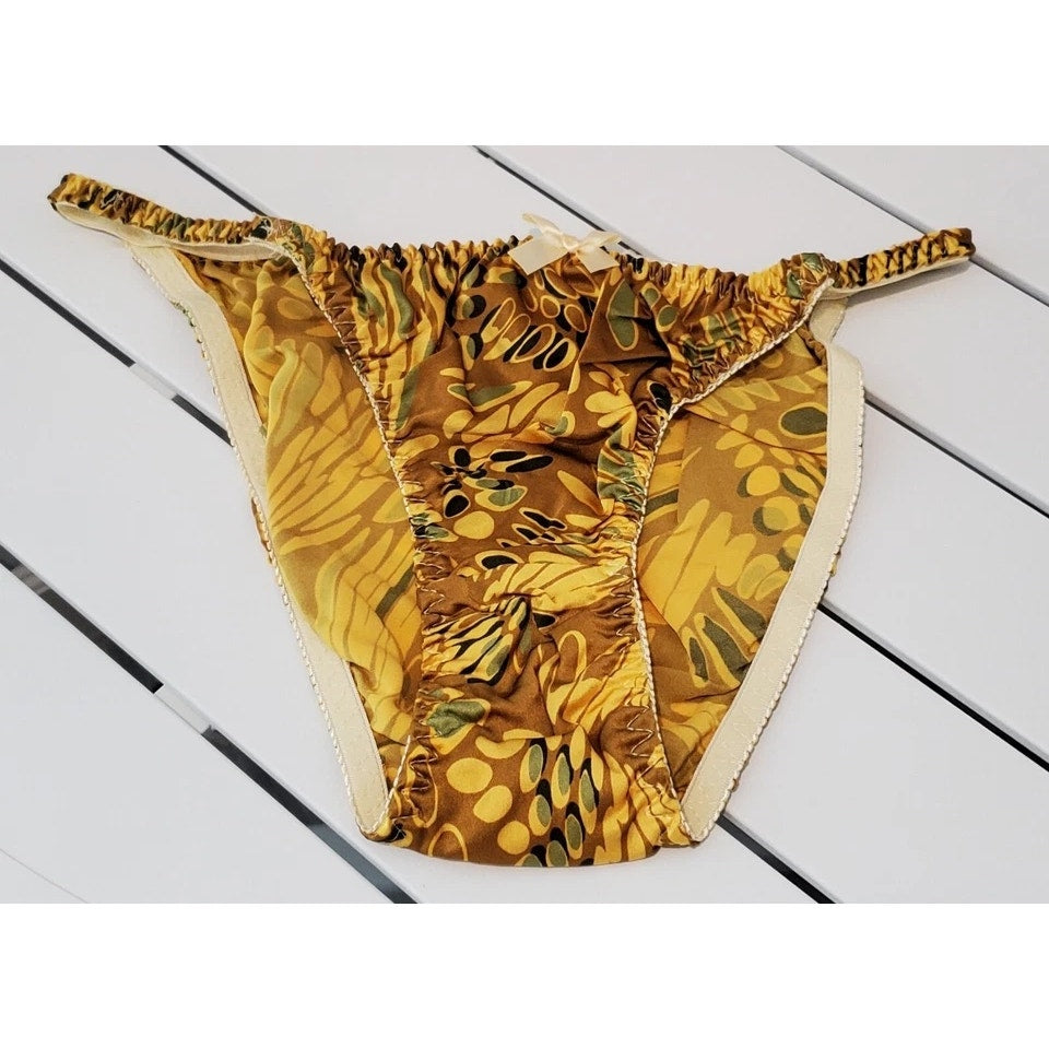 Liquid Satin String Bikini Panty Shiny Double Silk Gusset Tulip Yellow Print 7/L