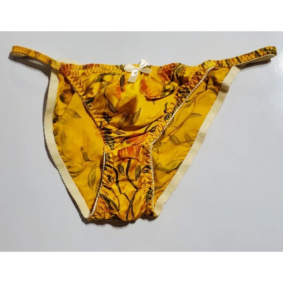 Liquid Satin String Bikini Panty Shiny Double Silk Gusset Floral Print Yellow
