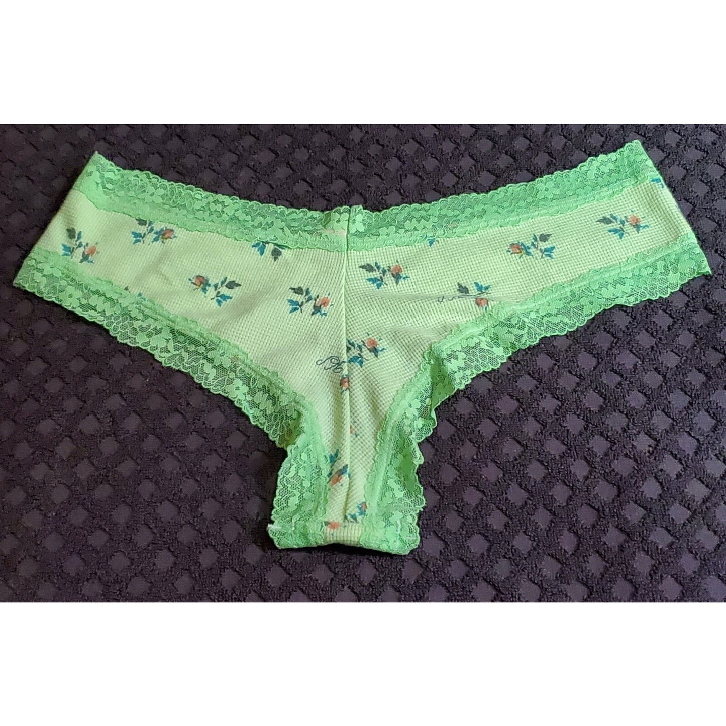 Victoria's Secret Cotton Cheeky Panty Lace Trim Floral Print Green Citron 8/XL