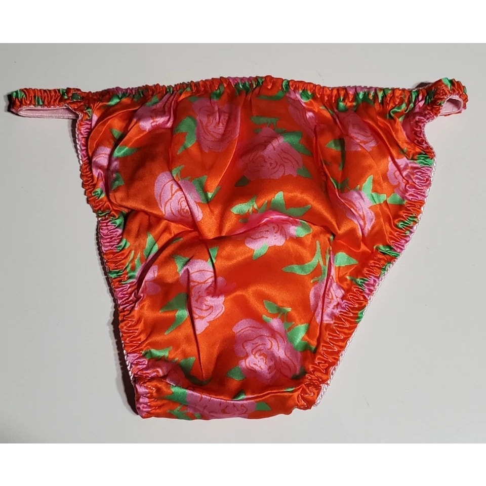 Liquid Satin String Bikini Panty Shiny Double Silk Pink Orange Floral Print 7/L