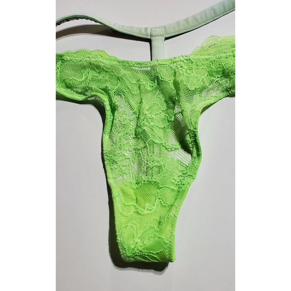 Victoria's Secret Shine Strap Y-Back Thong Panty All Lace Sheer Citron Green 6/M