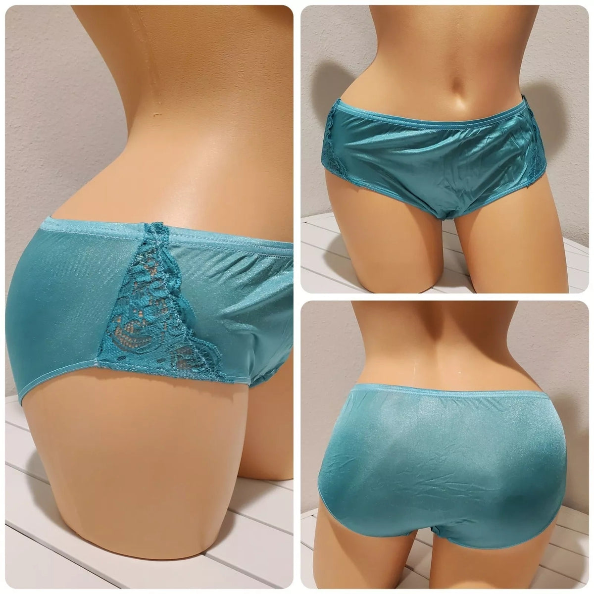 Shadowline 11182 Lace Insets Bikini Panty Shiny Nylon Full Cut Sea Glass Blue