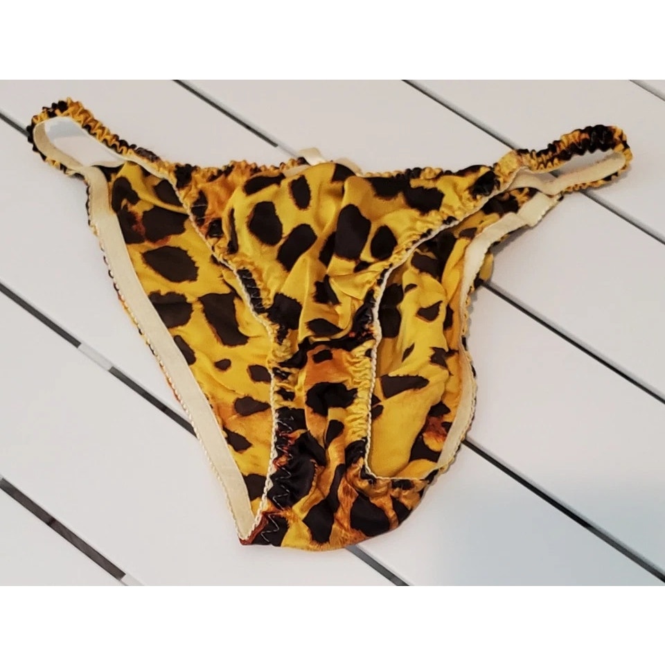 Liquid Satin String Bikini Panty Shiny Double Silk Leopard Print Sunshine Yellow