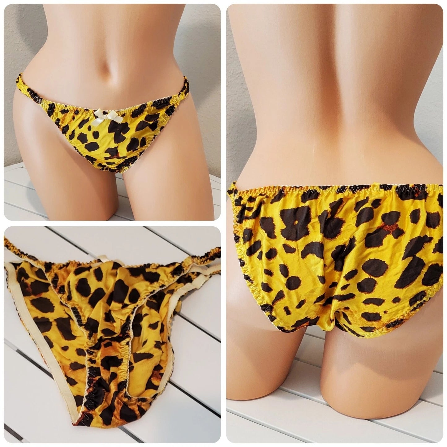Liquid Satin String Bikini Panty Shiny Double Silk Leopard Print Sunshine Yellow