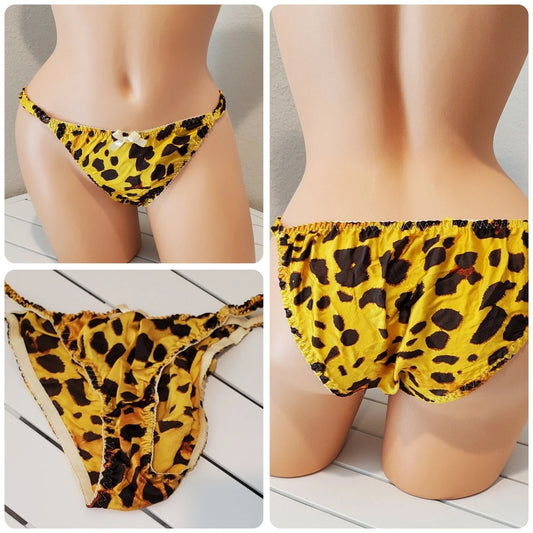 Liquid Satin String Bikini Panty Shiny Double Silk Leopard Print Sunshine Yellow - Star Vintage & More Star Vintage And More LLC