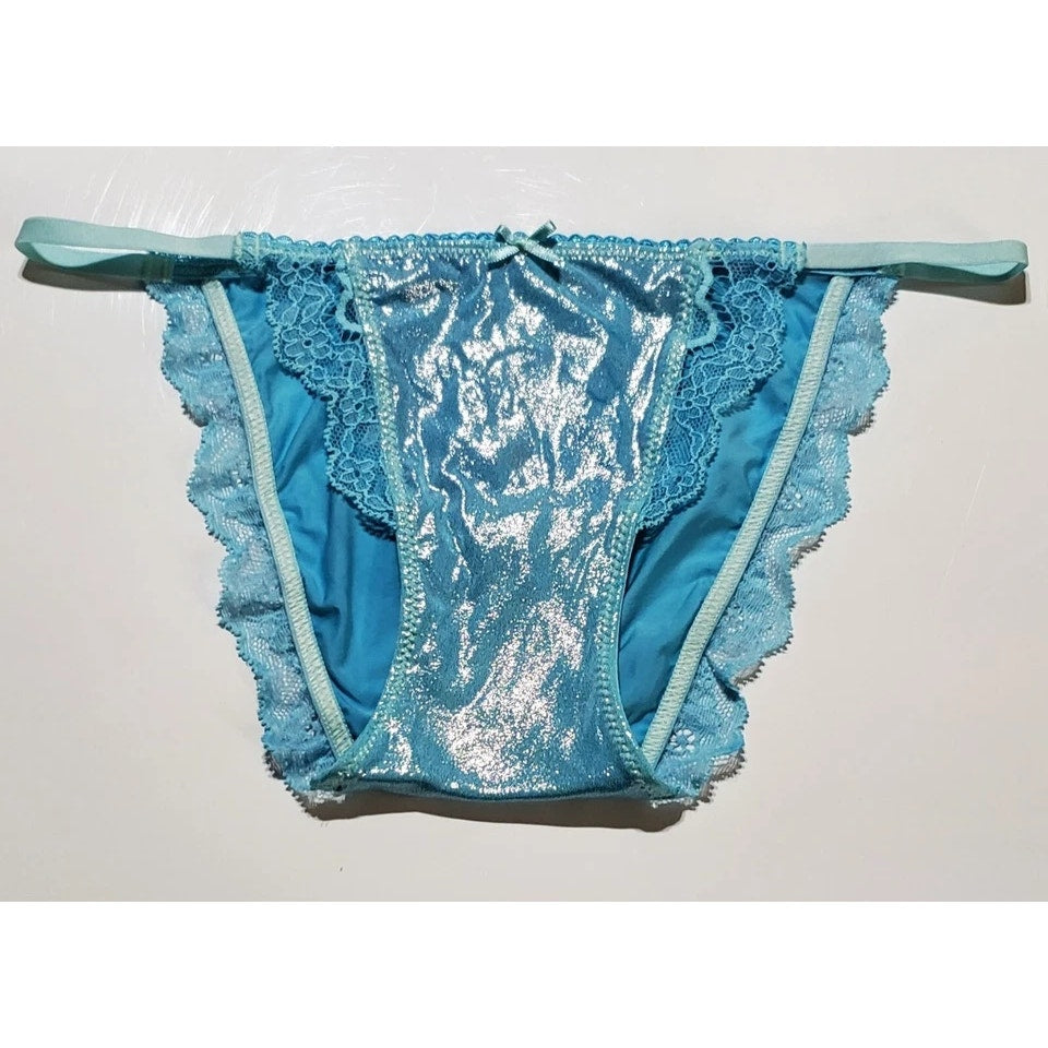 Victoria's Secret Dream Angels String Bikini Panty Shiny Lace Trim Baby Blue 4XS