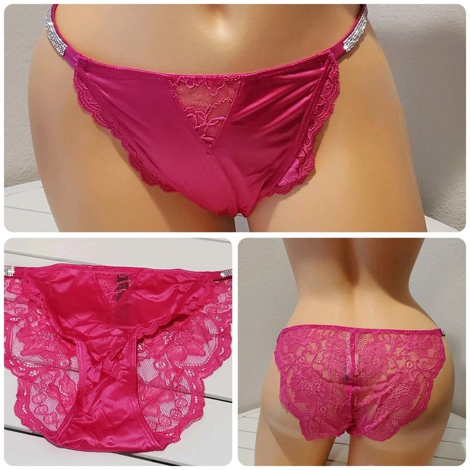 Victoria's Secret Shine Strap Cheeky Panty All Lace Back Shiny Neon Pink