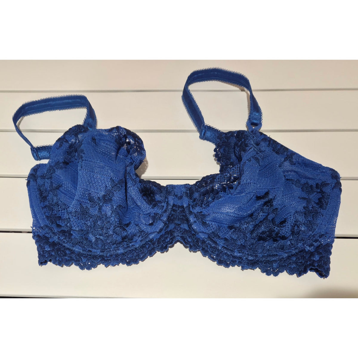 Wacoal 65191 Unlined Underwire Bra 34DD Royal Blue Sheer Floral Lace