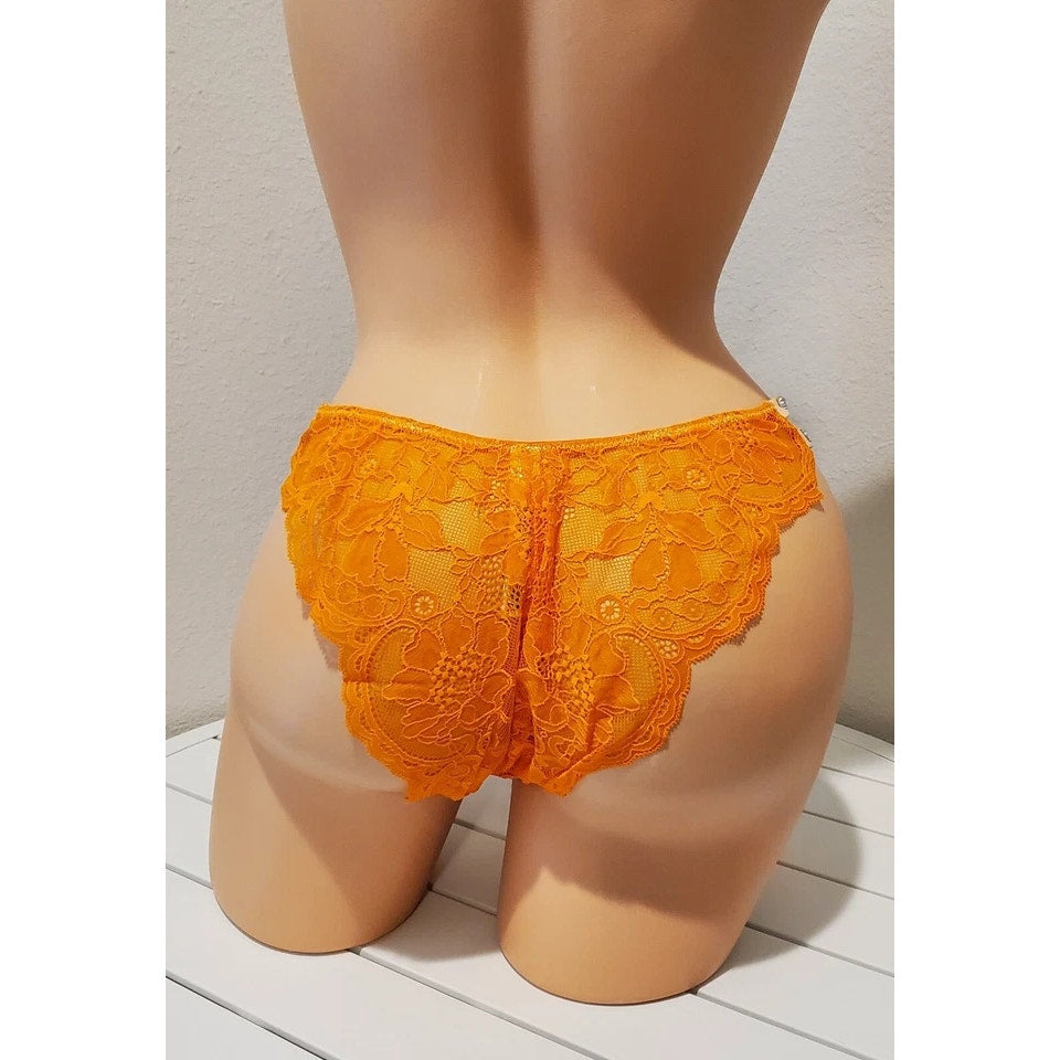 Victoria's Secret Double Shine Strap Brazilian Panty All Lace Orange Shock 9/2XL